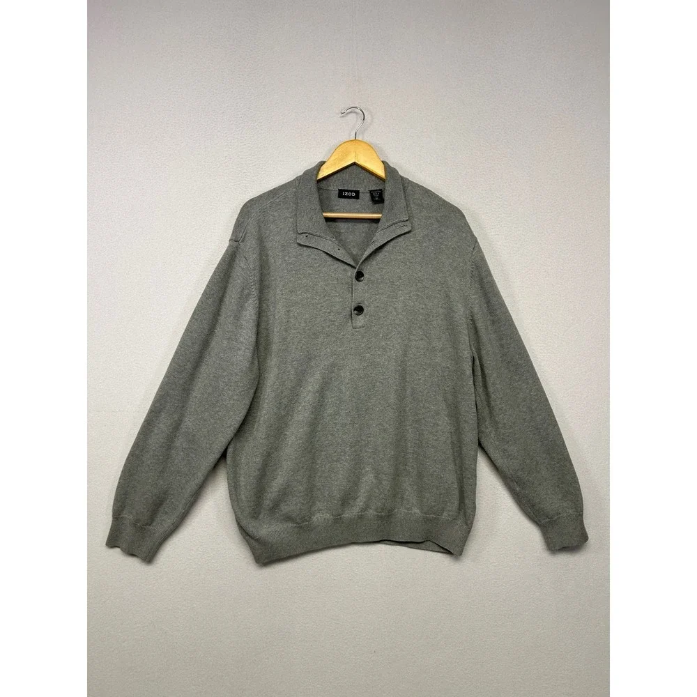 Classic Preppy IZOD Mens XL Gray Cotton Button Neck Pullover Sweater